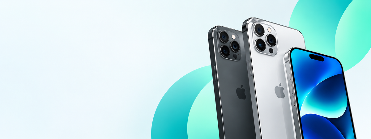 iPhone de varios colores sobre fondo turquesa
